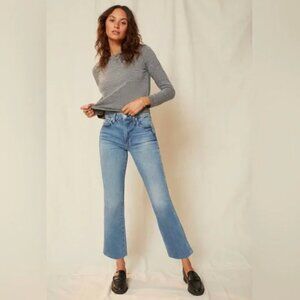 AMO High Rise Kick Crop Topanga Jean Medium Wash Distressed Raw Hem Size 26
